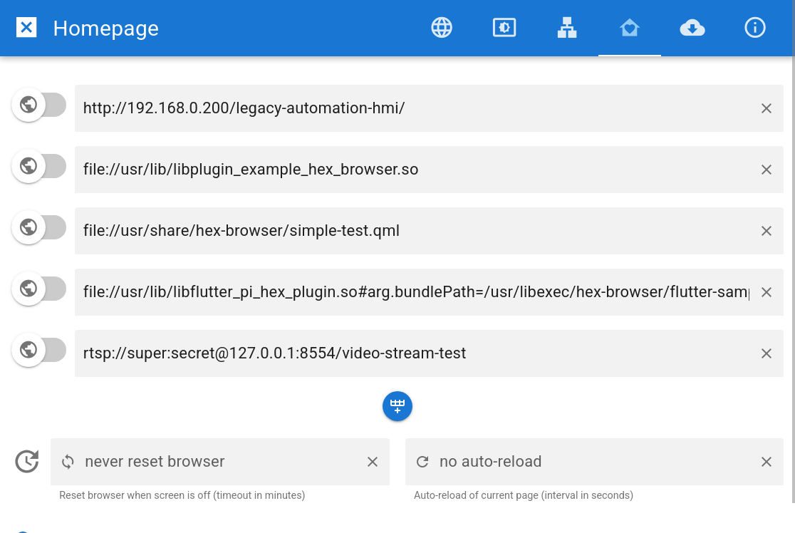 hex-browser admin UI for URL and tab settings